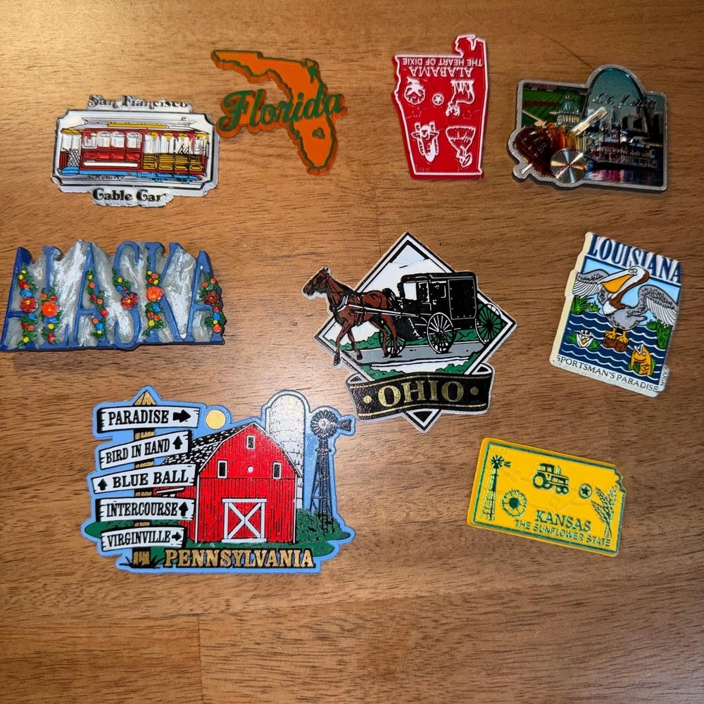 Vintage US Souvenir Magnet Lot Alaska Florida Ohio Pennsylvania Louisiana 9pc